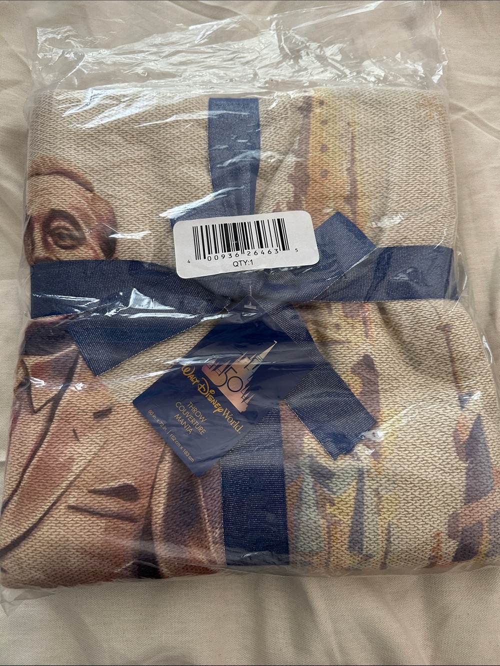 WDW 50th Anniversary Beige Throw Blanket with Navy Blue Ribbon and Brown Accents